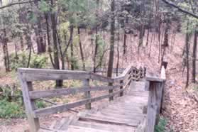 Follow the asphalt trail as it heads towards the back of the stores. Then turn right to go down the wooden steps shown.