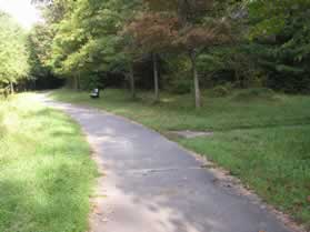 An asphalt trail intersects from the right.  Continue straight on the present asphalt trail.