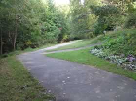 An asphalt trail intersects from the right.  Continue straight on the present asphalt trail.