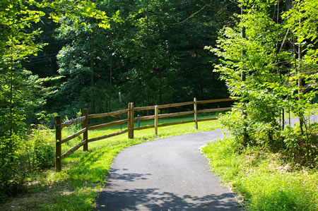 The trail rounds a curve as it climbs a hill to rejoin the telephone cable line.