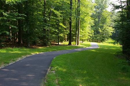 The trail goes down a hill following a telephone cable.