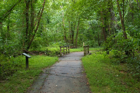 The trail crosses a stream on a bridge.