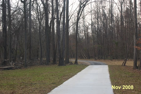 The trail curves to the left to follow the creek. The trail to the right was the old route.