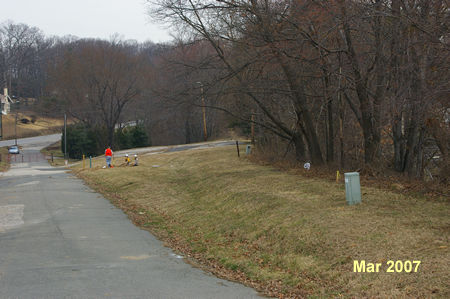 Walk along the grass to the right of the road.  The trail  will enter the woods at a higher level than the access road. This is the end of the detour.