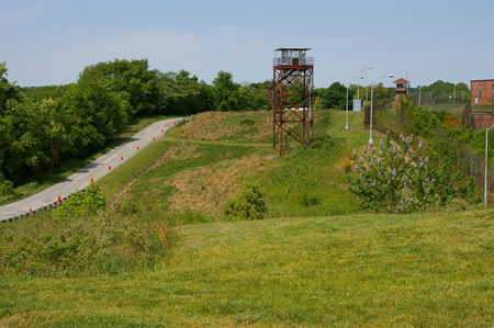 The perimeter road  passes a gully.