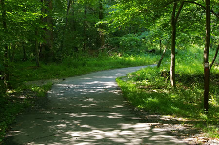 The asphalt trail curves to the right and will shortly cross a bridge.