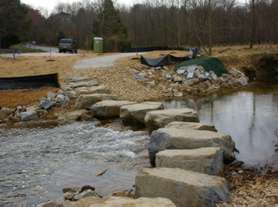 The trail crosses Difficult Run on large stones.