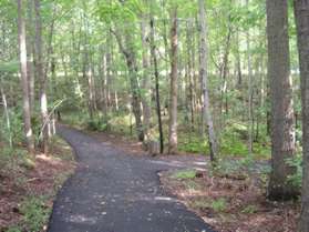 An asphalt trail intersects from the right.  Continue straight on the present asphalt trail.