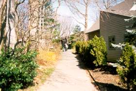 The path cuts between the houses to a sidewalk on the next street.