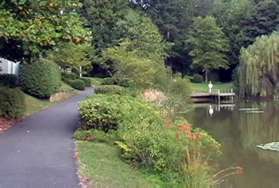 The trail turns left with the lake on the right.