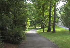 The path goes down a hill between the homes.