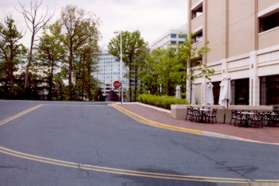 Continue using the sidewalk on the right side of Discovery St.