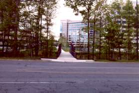 After crossing Bluemont Dr turn left prior to the pedestrian bridge shown.