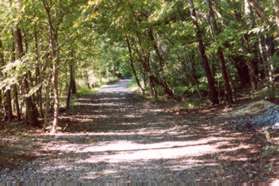 The trail follows a service road after  the dam.