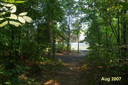 The trail passes a park bulletin board on the left.