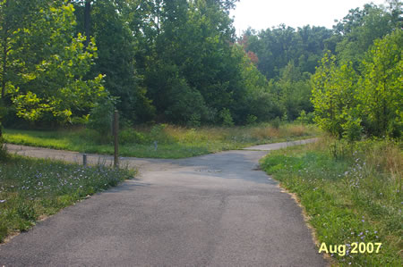 An asphalt trail intersects from the left.  Continue straight on the present asphalt trail.