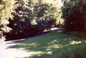 An asphalt trail intersects from the right just past the basketball court.  Stay to the left.