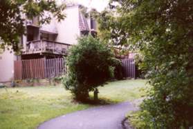 Houses should be on the left and woods on the right.