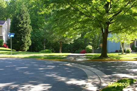 At the bottom of the hill cross the intersecting street and take the asphalt trail down the hill between the houses.