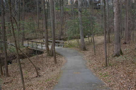 Stay on the asphalt trail as it crosses a bridge.