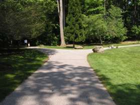 The path passes the pond and curves to the right. At the next paved trail intersection turn to the left towards the gate.