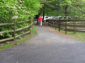 Take the asphalt path on the other side of the service road.  A pond will be on your right.